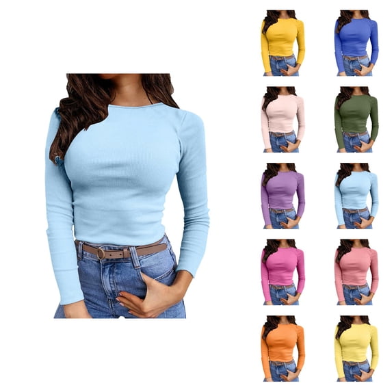 Womens Basic Tops Long Sleeve Stretch Crewneck Ribbed T Shirt Fitted Casual Ribbed Knit Bottoming Shirt for Layering and Spring Wear