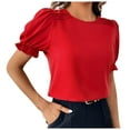 thumbnail image 1 of Womens Basic Tops Solid Color Casual Short Puffed Sleeve Pleated Round Neck Pullover Regular Going Out Soft Dressy Blouses Tshirts Shirts Christmas Outfit, 1 of 3