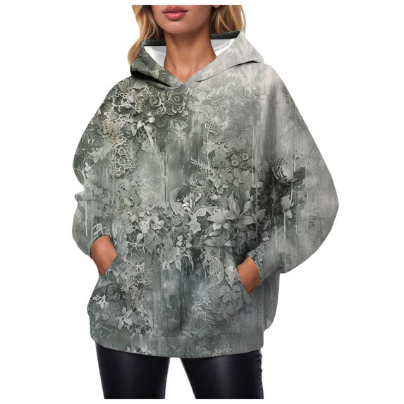 Womens Basic Tops Winter Loose Fit Hooded Long Sleeve Puff One Shoulder Drawstring Floral Leisure Cotton Hoodies (Grey,M)