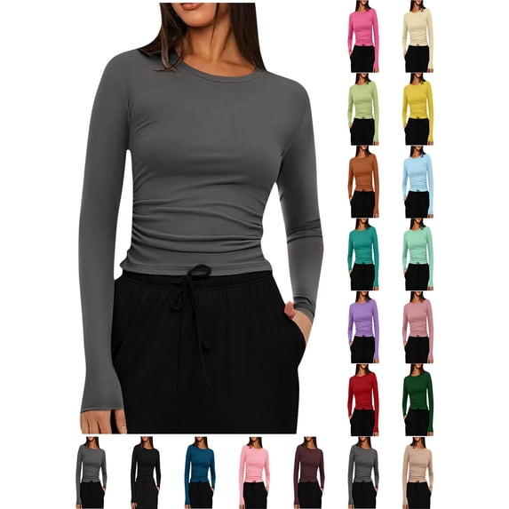 Womens Basic Tops Women's Fashion Casual Round Neck Solid Color Long Sleeve T Shirt Pullover Gray M