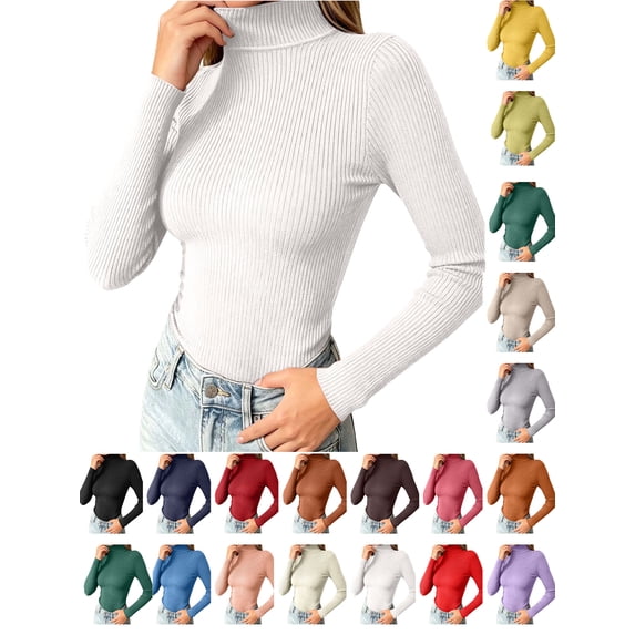 Womens Basic Tops Women's Solid Color Turtleneck Sweater Winter Base Layer Knitwear Slim Pullover Top White Free Size