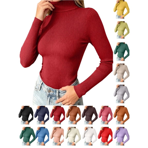 Womens Basic Tops Women's Solid Color Turtleneck Sweater Winter Base Layer Knitwear Slim Pullover Top Wine Free Size