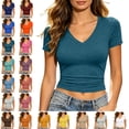 thumbnail image 1 of Womens Basic V Neck Short Sleeve Spring T Shirts Slim Fit Crop Y2k Tee 2026 Summer Gym Workout Cute Top, 1 of 9