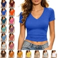 thumbnail image 1 of Womens Basic V Neck Short Sleeve Spring T Shirts Slim Fit Crop Y2k Tee 2026 Summer Gym Workout Cute Top, 1 of 9