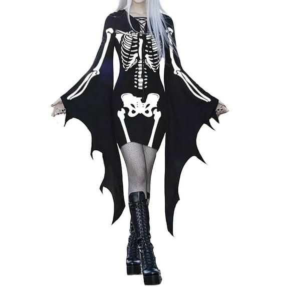 Womens Bat Wing Long Sleeve Mini Dress Vintage Gothic Hooded Dress Halloween Costumes Party Goth Bodycon Short Dress