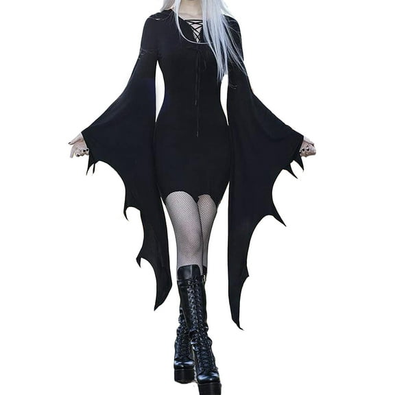 Womens Bat Wing Long Sleeve Mini Dress Vintage Gothic Hooded Dress Halloween Costumes Party Goth Bodycon Short Dress