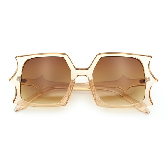 Womens Bat Wing Shape Plastic Oversized Rectangle Fashion Sunglasses Beige - Brown