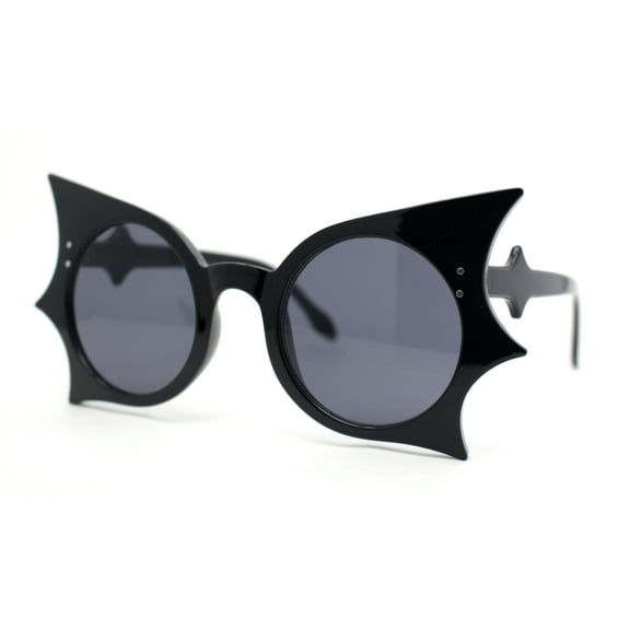 Womens Bat Wing Shape Round Circle Lens Plastic Sunglasses All Black