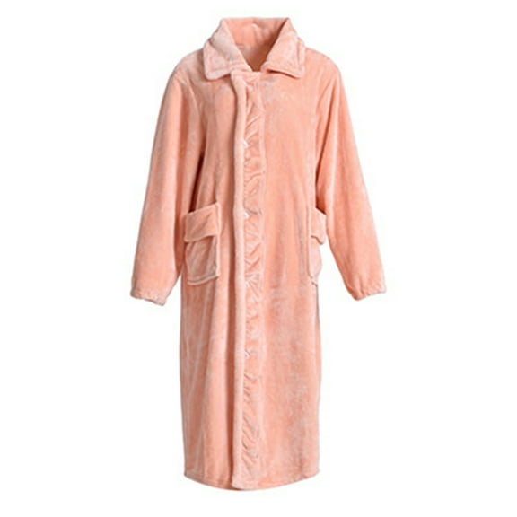 Womens Bath Robe Solid Color Thickened Long Coral Fleece With Pocket Plus Size Women Pjs,Pink,XL