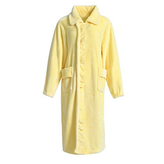 Womens Bath Robe Solid Color Thickened Long Coral Fleece With Pocket Plus Size Women Pjs,Yellow,XL