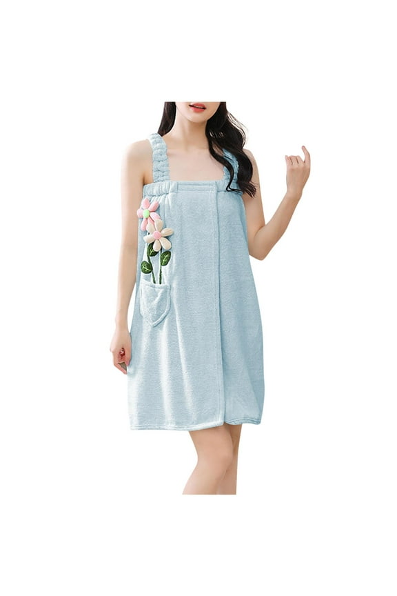 Womens Bath Towel Dresses Coral Fleece Absorbent Shower Wrap with Straps Pockets Cute Printed Robes Quick Dry Bathrobe for SPA Sauna Pool