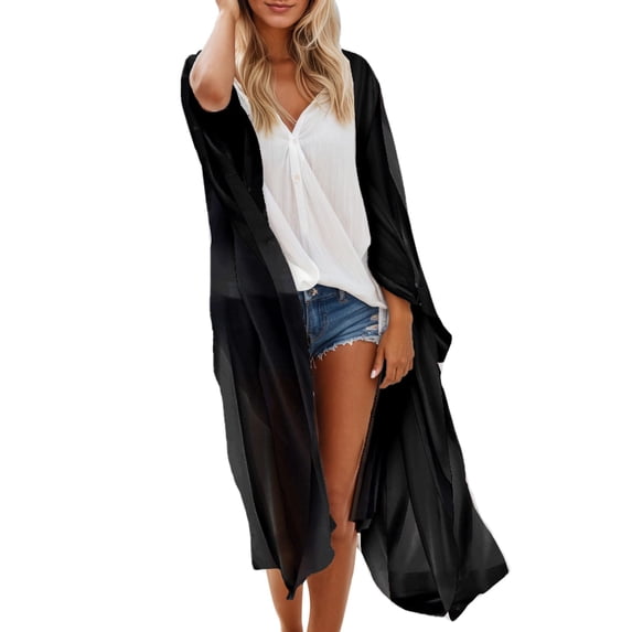 Womens Bathing Suit Cover Up Summer Long Flowy Kimono Cardigans Boho Chiffon Floral Tops Lightweight Cover-Ups Black