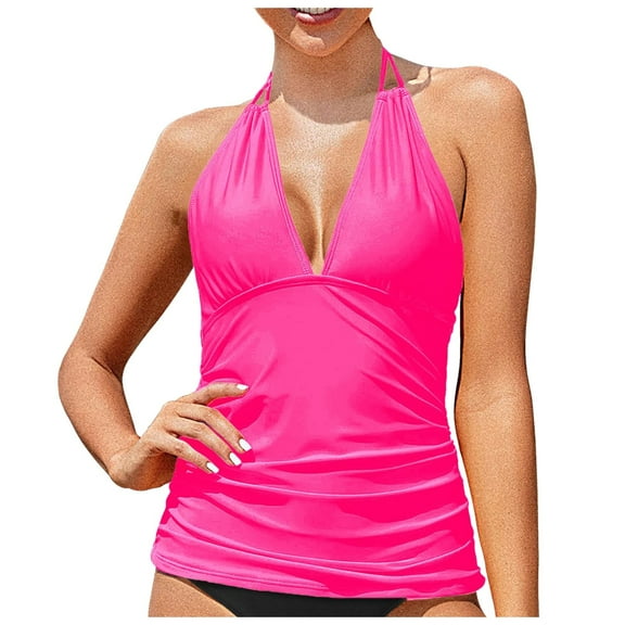 Womens Bathing Suit TopsWomen's Tankini Top No Bottom V Neck Swim Top Bathing Suit Top Female Womens Bikini & Tankini Tops(Hot Pink,XXL)