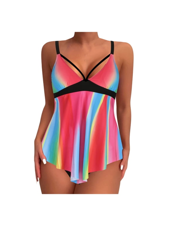 Womens Bathing Suit Two Piece Tankini Swimsuits Tummy Control Flowy Swimwear Plus Size Swimwear Tank Top with Shorts Hot Pink L