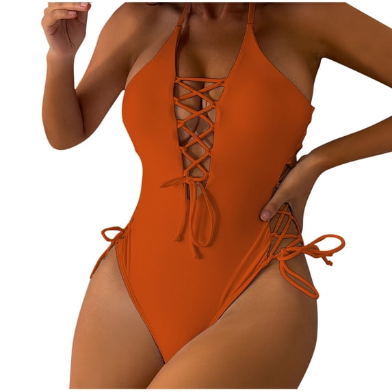 Womens Bathing Suits Deep V Neck Halter Lace Up One Piece Swimsuit High Cut Swimwear Summer Fashion Clothing