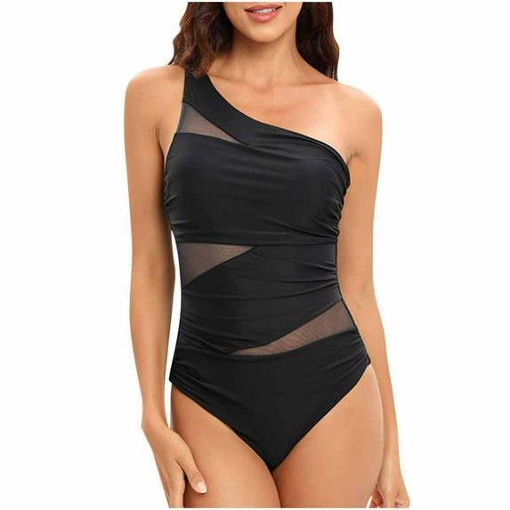 Womens Bathing Suits Plus Size One Shoulder Ruffle One Piece Swimsuits Solid Color Full Coverage Cutout Swimwear (Black L)