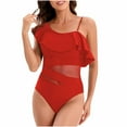 thumbnail image 1 of Womens Bathing Suits Plus Size One Shoulder Ruffle One Piece Swimsuits Solid Color Full Coverage Cutout Swimwear (Red M), 1 of 6