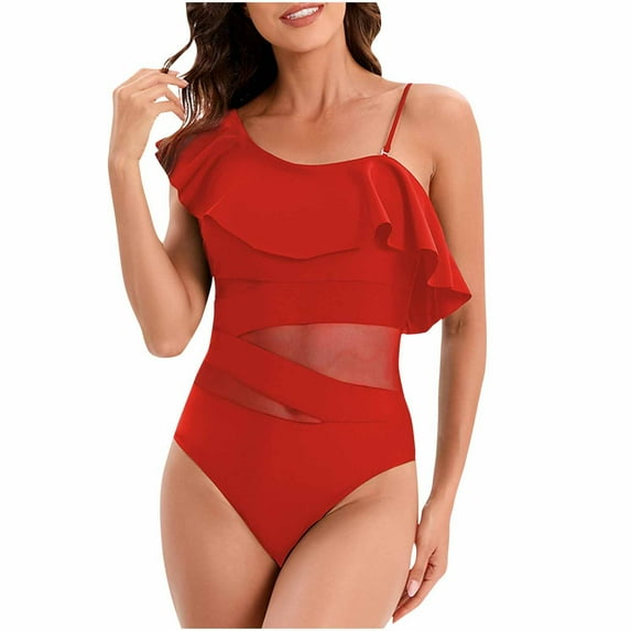 Womens Bathing Suits Plus Size One Shoulder Ruffle One Piece Swimsuits Solid Color Full Coverage Cutout Swimwear (Red M)