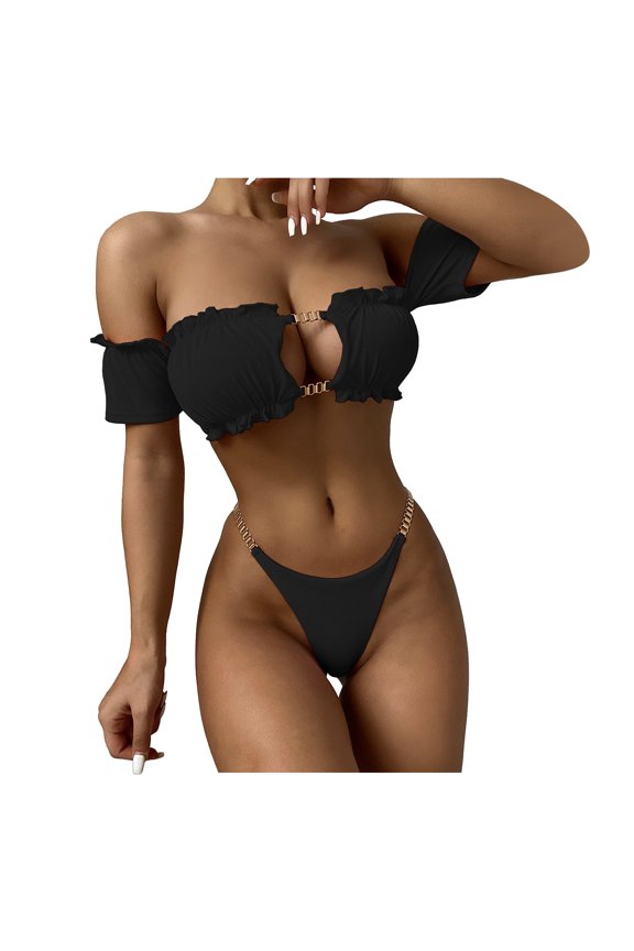 Womens Bathing Suits Tankinis Cut Chain Bandeau Ruffle Metal High Ribbed Womens Swimsuits Tankini,Black,S