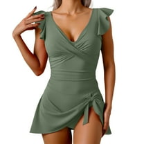Womens Bathing Suits Womens Swimsuits One Piece Swimdress Ruffle Swimsuit For Women Tie Knot Swim Dresses V Neck Bathing Suit Skirt