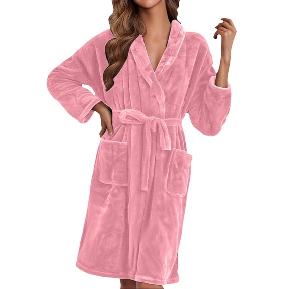 Womens Bathrobe, Hugcore Womens Long Fleece Robe Fuzzy Cozy Warm Bathrobe Shawl Collar Spa Robe Laddies Textured House Coat Fluffy Robes for Women Pink M