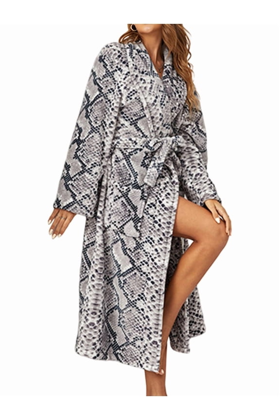 Womens Bathrobe Ladies Fleece Plush Warm Long Robes Fleece Nightgown Sleepwear Python Pattern XXL