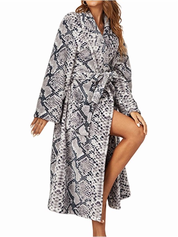 Womens Bathrobe Ladies Fleece Plush Warm Long Robes Fleece Nightgown Sleepwear Python Pattern XXL