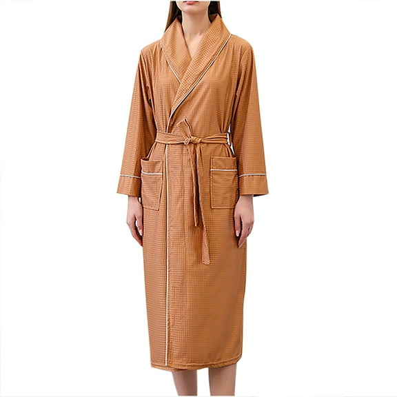 Womens Bathrobes Comfy Waffle Knit Bathrobe with Pocket Belt Long Sleeve Lightweight Kimono Shower Spa Robes Housecoat, Coffee, XL