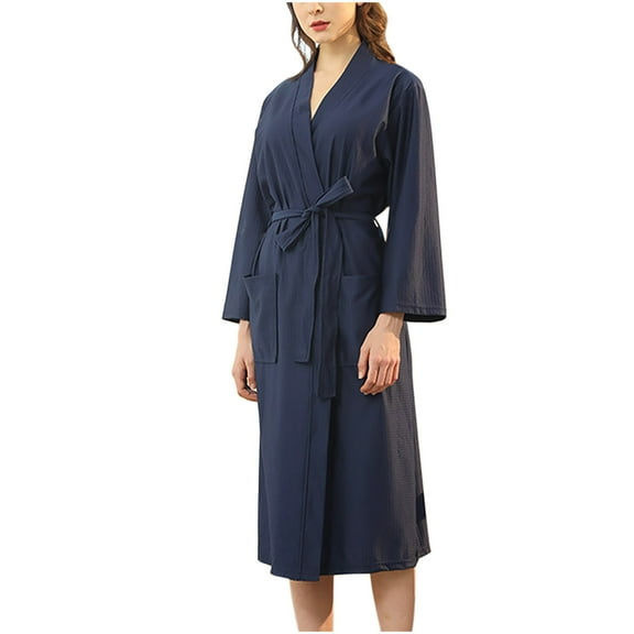 Womens Bathrobes Comfy Waffle Knit Bathrobe with Pocket Belt Long Sleeve Lightweight Kimono Shower Spa Robes Housecoat, Navy, M