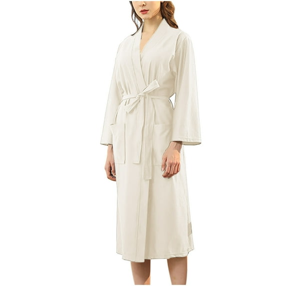 Womens Bathrobes Comfy Waffle Knit Bathrobe with Pocket Belt Long Sleeve Lightweight Kimono Shower Spa Robes Housecoat, White, XL