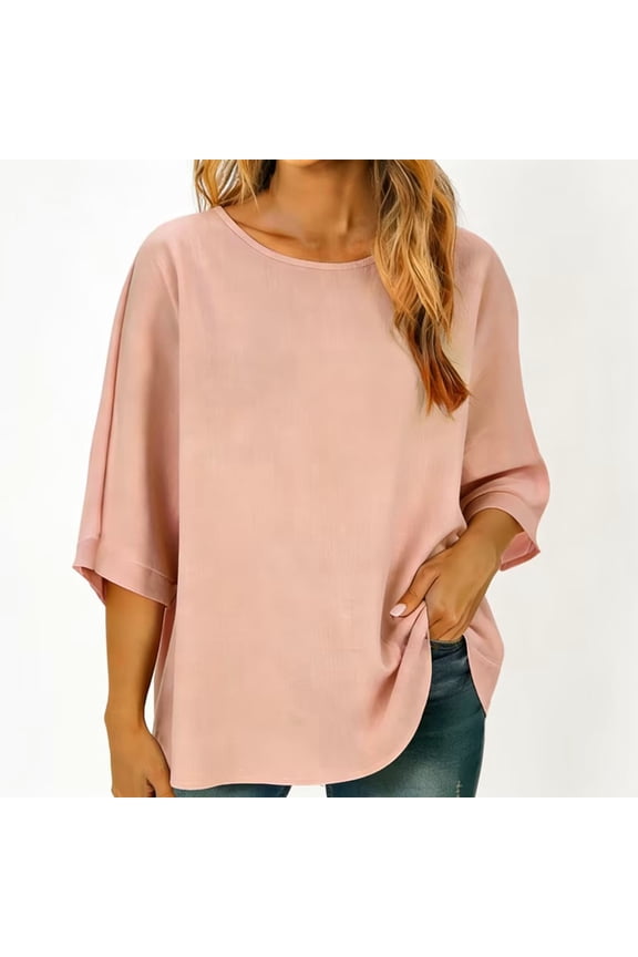 Womens Batwing 3/4 Sleeve Shirts, Summer Tops for Women Casual Loose Fit Solid Color Crewneck Dressy Blouses
