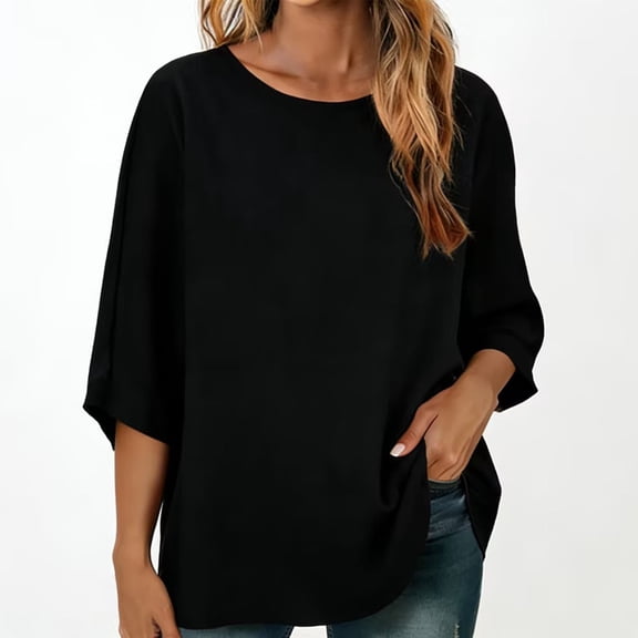 Womens Batwing 3/4 Sleeve Shirts, Summer Tops for Women Casual Loose Fit Solid Color Crewneck Dressy Blouses