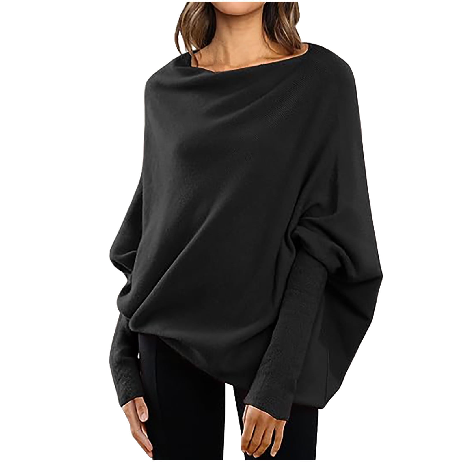 Womens Batwing Long Sleeve Sweaters Boat Neck Tunic Tops Knitted Baggy  Slouchy Pullover Blouses 2023 Fall Clothes (Medium, Black) 