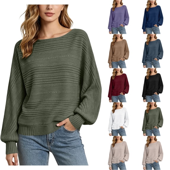 Womens Batwing Long Sleeve Sweaters Zaewscy Women's Casual Round Neck Batwing Sleeve Striped Knit Pullover Top For Fall Winter Fashion 2026 Army Green XXL