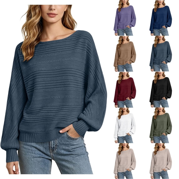 Womens Batwing Long Sleeve Sweaters Zaewscy Women's Casual Round Neck Batwing Sleeve Striped Knit Pullover Top For Fall Winter Fashion 2026 Navy XXL