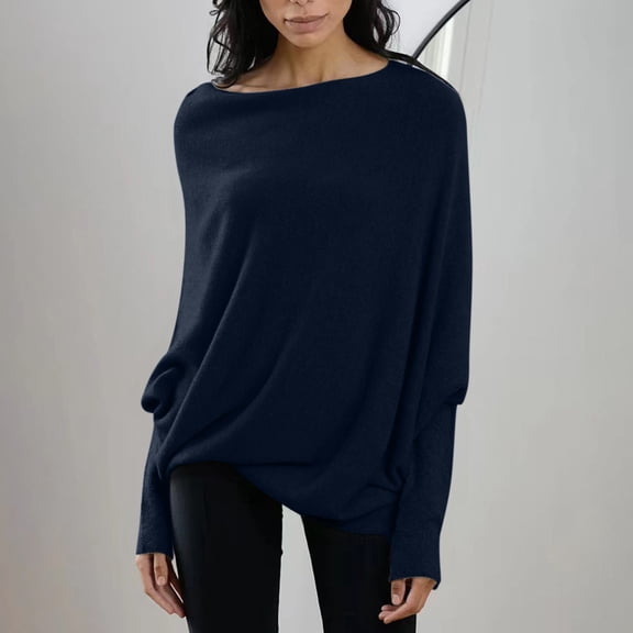 Womens Batwing Oversized Sweaters Assymetrical Off The Shoulder Boat Neck Wrap Tunic Tops Spring Dark Blue S