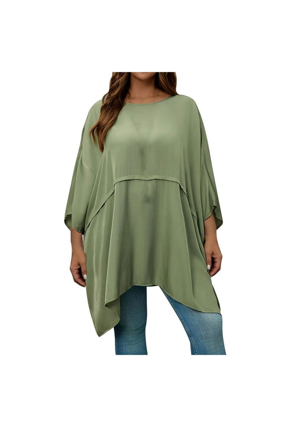 Womens Batwing Sleeve Plus Size Elegant Summer Cape Blouse Round Neck Ruffle Long Casual Tunic Tops to Wear with Leggings
