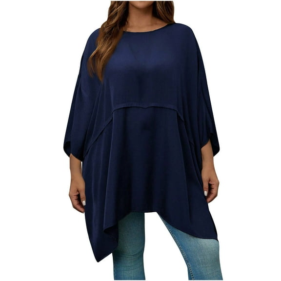 Womens Batwing Sleeve Plus Size Elegant Summer Cape Blouse Round Neck Ruffle Long Casual Tunic Tops to Wear with Leggings