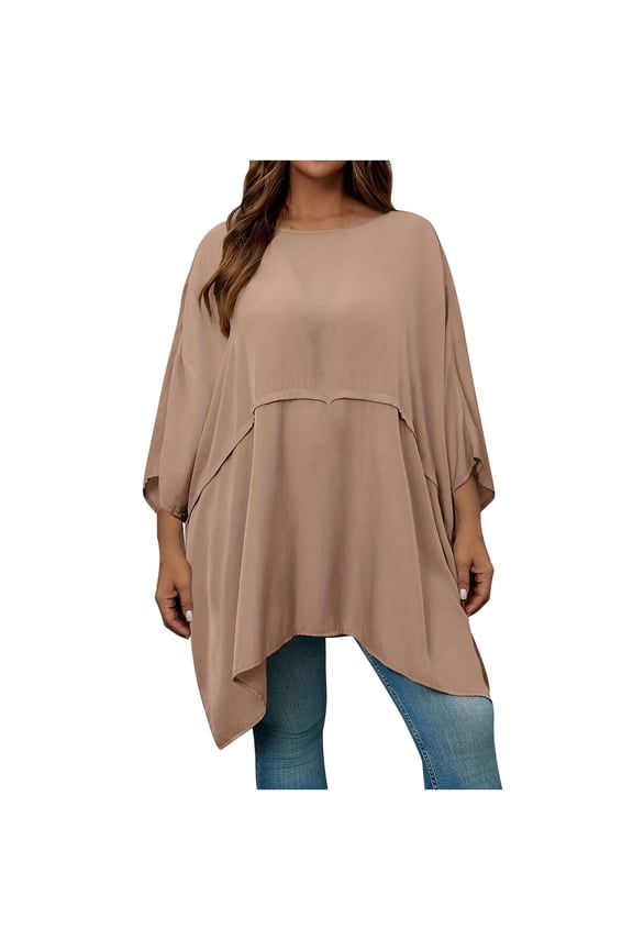 Womens Batwing Sleeve Plus Size Elegant Summer Cape Blouse Round Neck Ruffle Long Casual Tunic Tops to Wear with Leggings