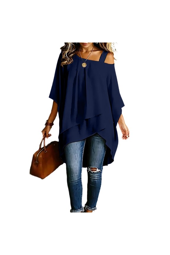 Womens Batwing Sleeve Tops Cold Shoulder Asymmetric Layered High Low Hem Loose T Shirts Flowy Elegant Casual Summer Navy L