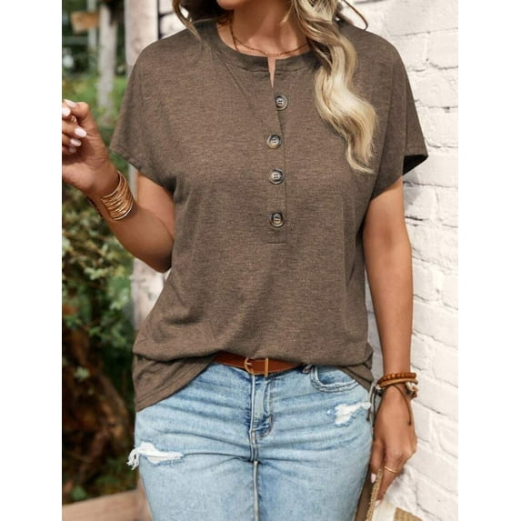 Womens Batwing Sleeve Tshirts Crew Neck Short Sleeve Buttons Tops Tee Basic Summer Blouse Loose Fit