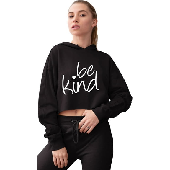 Womens Be Kind Heart Cropped Hooded Sweatshirt