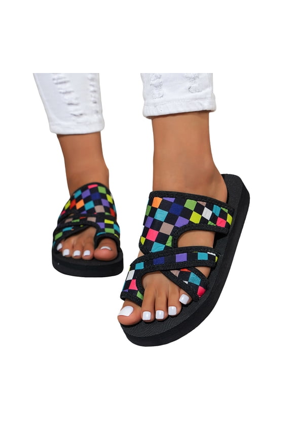 Womens Beach Boho Platform Sandals Comfortable Vacation Flatform Footbed Flip Flop Dress Slip on Flats Slides