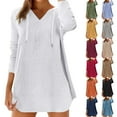 thumbnail image 1 of Womens Beach Cover Up Hooded V Neck Tunic Large Pocket Cotton Linen Long Sleeve Shirt, 1 of 8