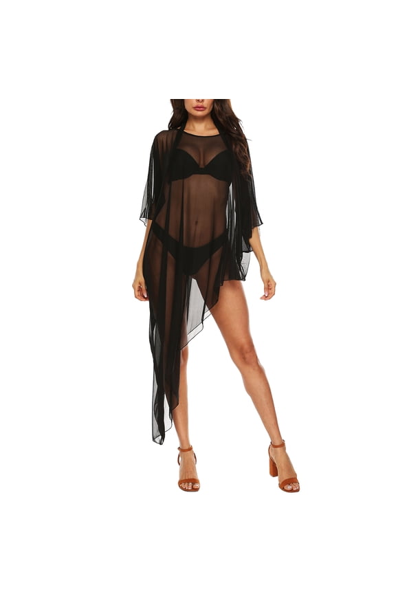 Womens Beach Cover Up Irregular Skirt Solid Three Quarter Sleeve Mesh Blouse Plus Size Clothes Black