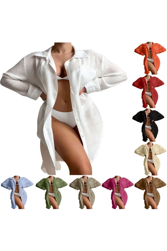 Womens Beach Cover Up Long Sleeve Button Down Shirts Summer Cotton Gauze Tops Swimsuit Coverup