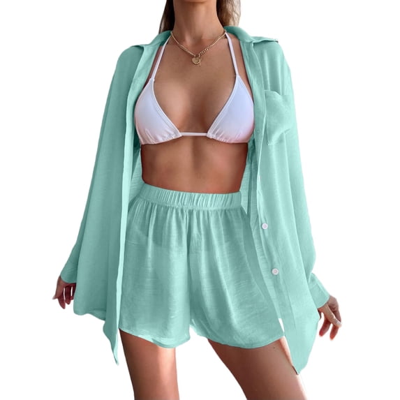 Womens Beach Cover Up Loose Shirt Style Sun Protection Set Casual Vacation Bikini Top and Pants Mint Green XL
