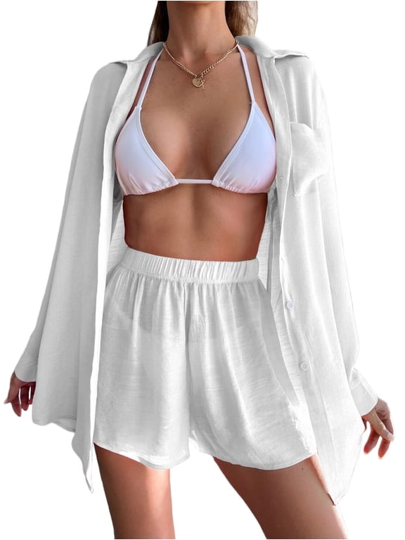 Womens Beach Cover Up Loose Shirt Style Sun Protection Set Casual Vacation Bikini Top and Pants White M