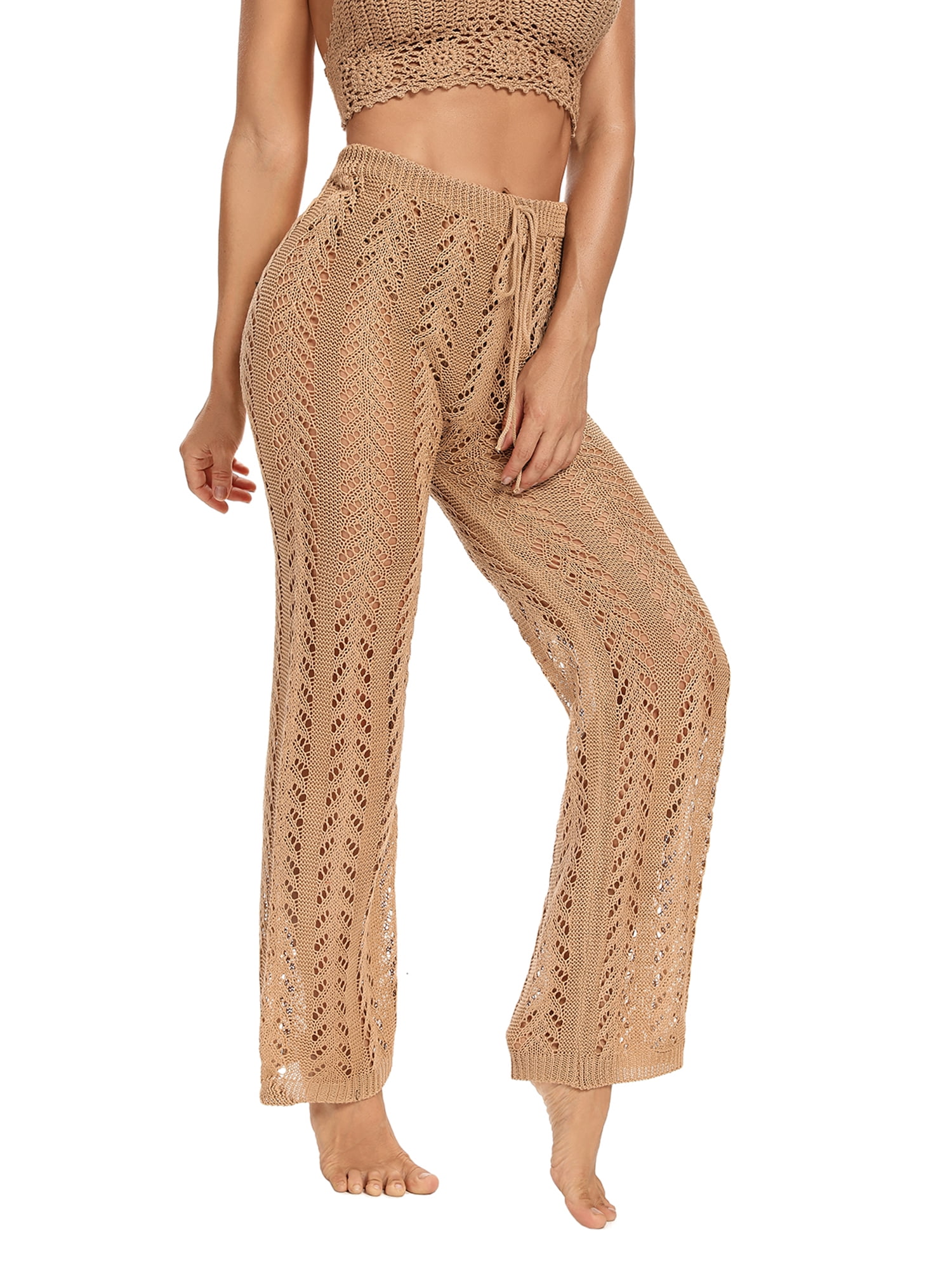 Womens Beach Cover Up Pants Drawstring Crochet Hollow Out Knit