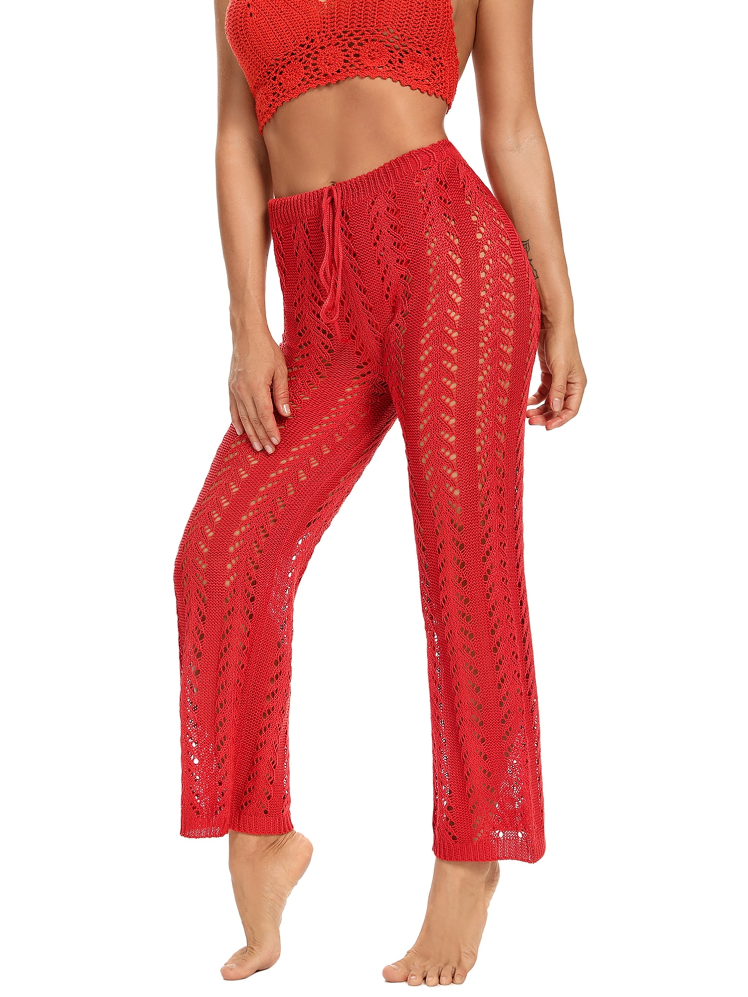 Jgppe Women's Beach Cover Up Pants Elastic High Waist Drawstring Crochet Net Hollow Out Beach Pants Swimwear